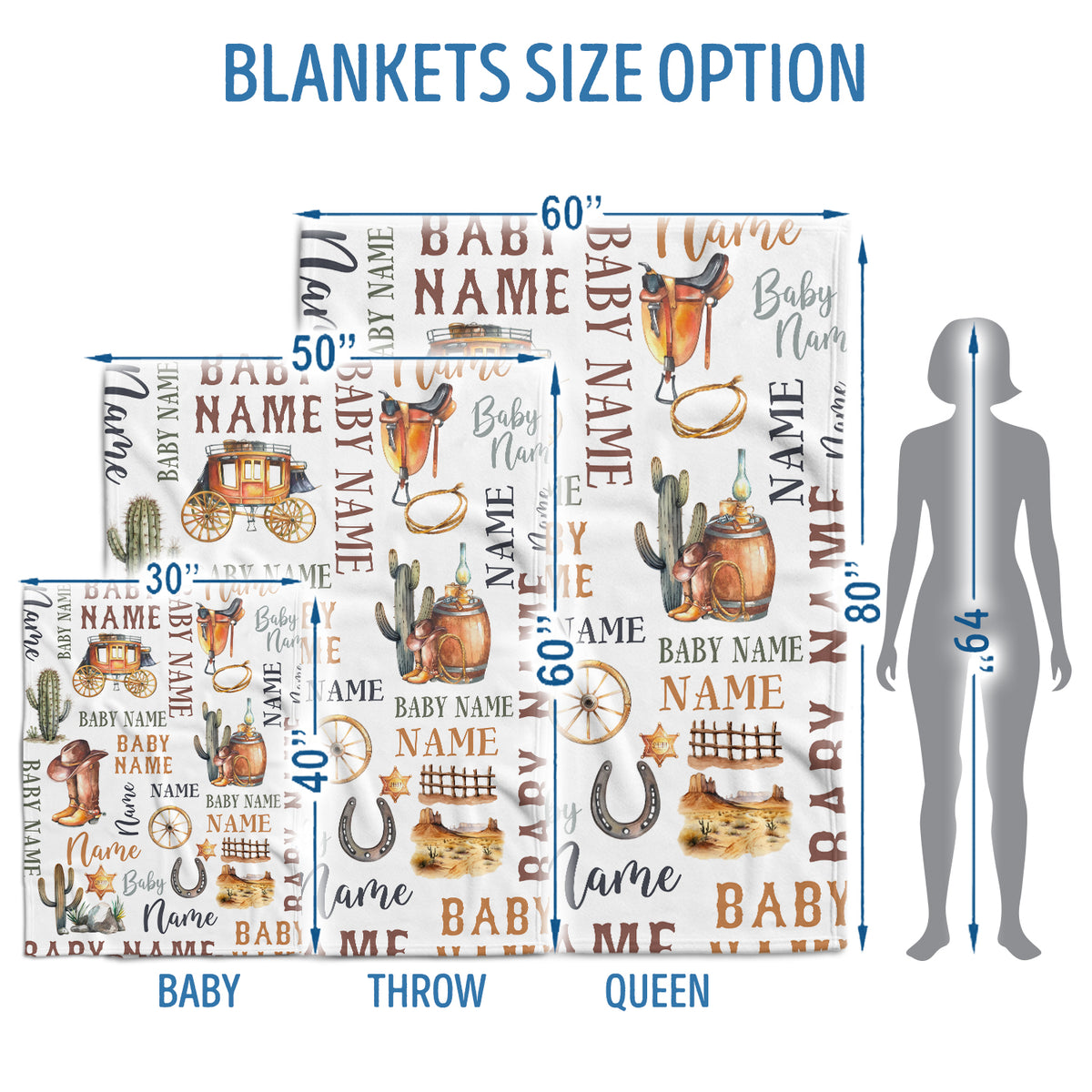 Personalized Western Baby Blankets - Cowboy Design, Custom Name, 3 Sizes Fleece for Infant Newborn Son Daughter