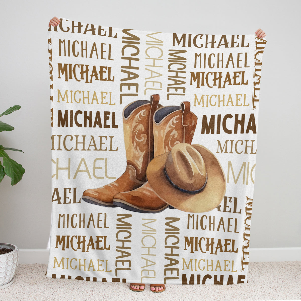 Personalized Western Baby Blankets, Customized Cowboy Name Fleece Blankets, 100% Soft Polyester, 3 Sizes, Unisex, Brown