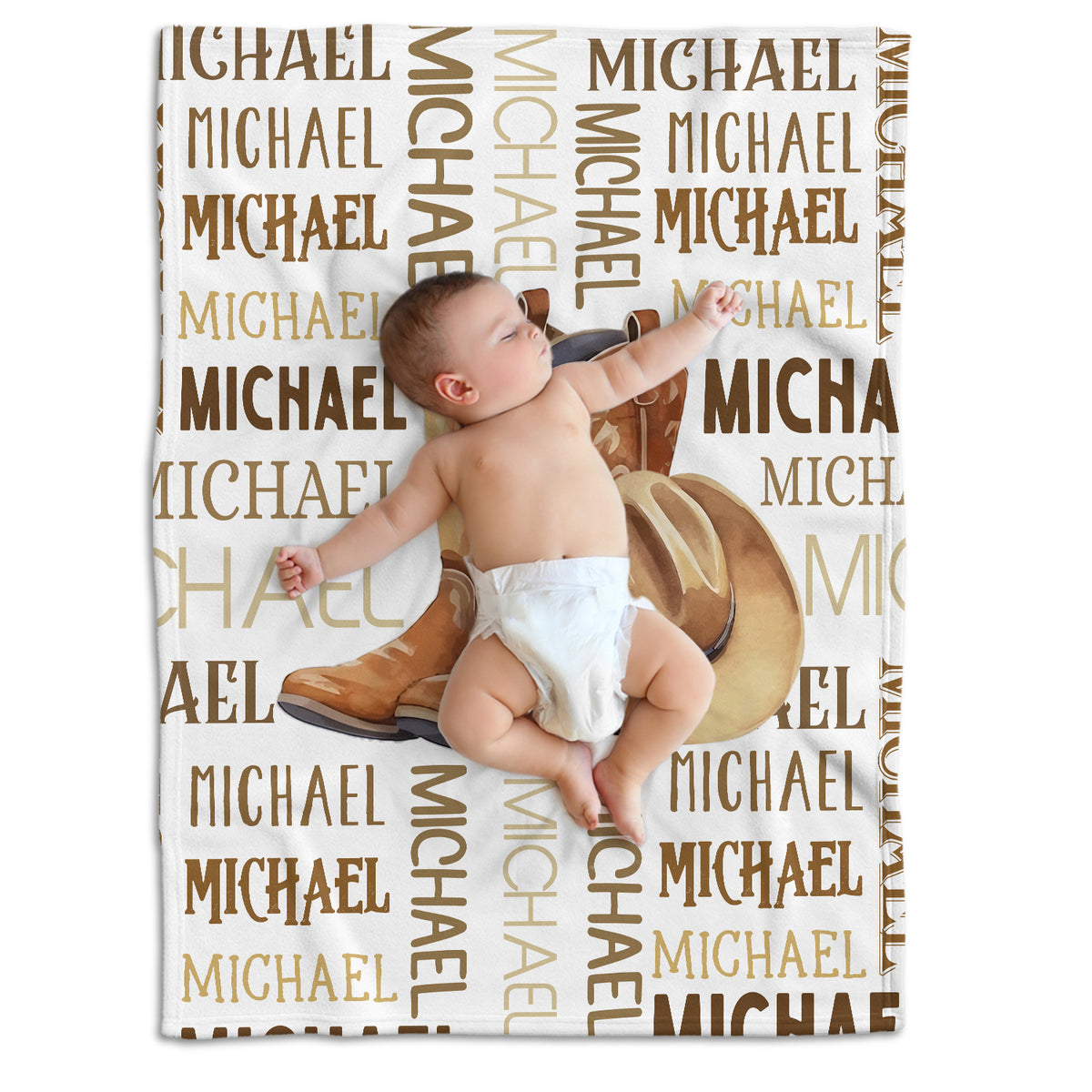 Personalized Western Baby Blankets, Customized Cowboy Name Fleece Blankets, 100% Soft Polyester, 3 Sizes, Unisex, Brown