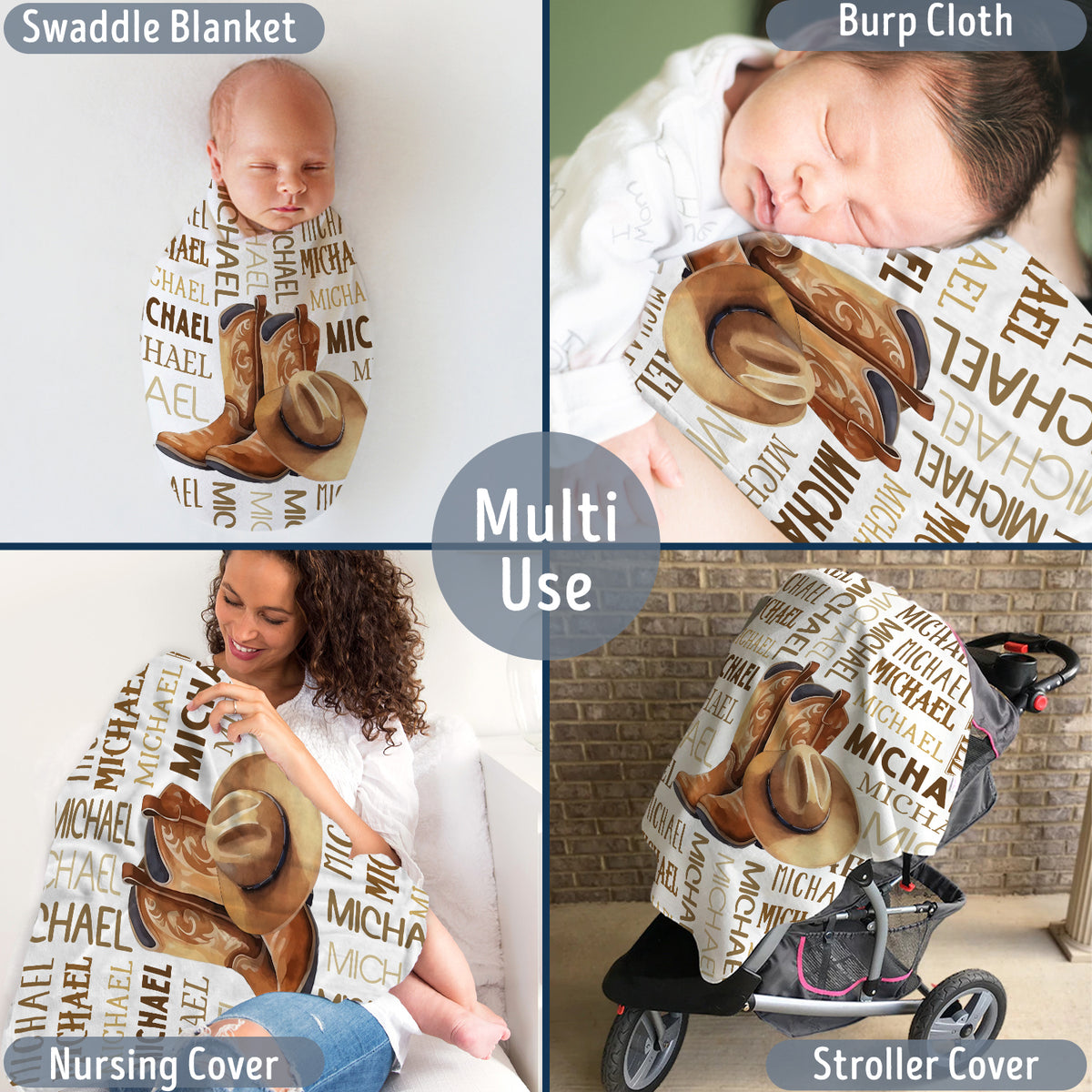 Personalized Western Baby Blankets, Customized Cowboy Name Fleece Blankets, 100% Soft Polyester, 3 Sizes, Unisex, Brown
