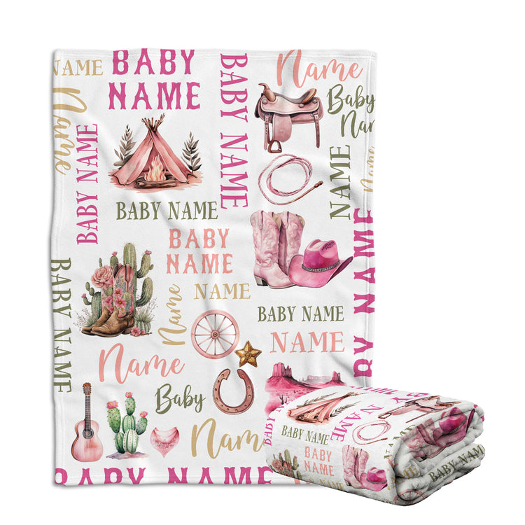 Personalized Western Baby Blankets - Pink Cowboy Designs, Custom Names, 3 Sizes - Fleece Blankets for Infant Girls & Boys