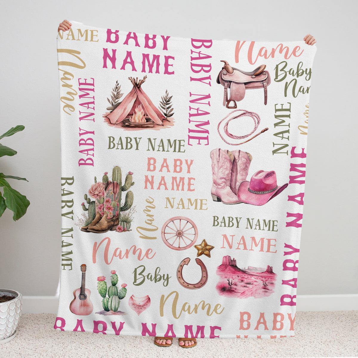 Personalized Western Baby Blankets - Pink Cowboy Designs, Custom Names, 3 Sizes - Fleece Blankets for Infant Girls & Boys