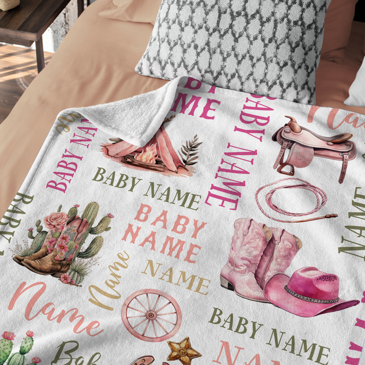 Personalized Western Baby Blankets - Pink Cowboy Designs, Custom Names, 3 Sizes - Fleece Blankets for Infant Girls & Boys