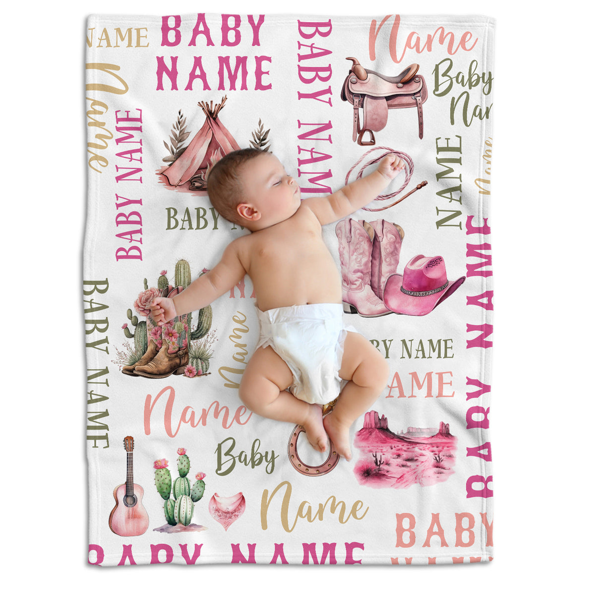 Personalized Western Baby Blankets - Pink Cowboy Designs, Custom Names, 3 Sizes - Fleece Blankets for Infant Girls & Boys