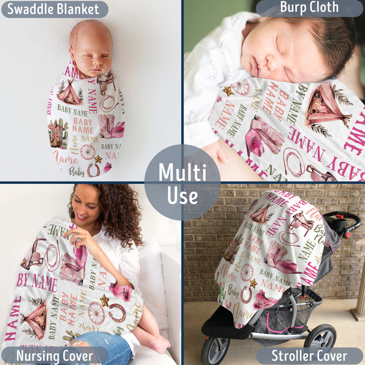 Personalized Western Baby Blankets - Pink Cowboy Designs, Custom Names, 3 Sizes - Fleece Blankets for Infant Girls & Boys