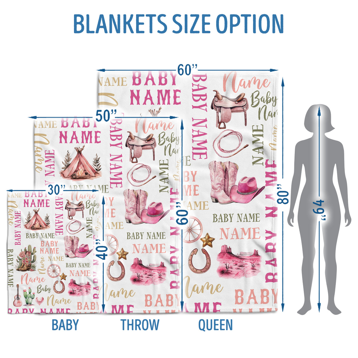 Personalized Western Baby Blankets - Pink Cowboy Designs, Custom Names, 3 Sizes - Fleece Blankets for Infant Girls & Boys