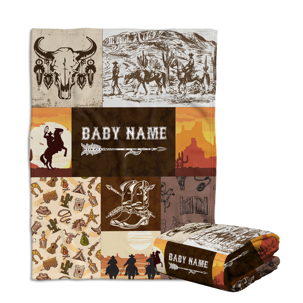 Personalized Western Baby Blankets for Boys, Brown Baby Western Blankets, Custom Name Fleece Blankets for Newborn Infant Son Daughter Toddlers Kids