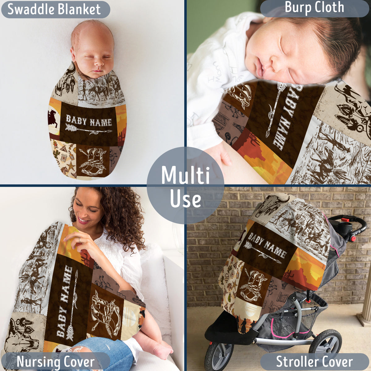 Personalized Western Baby Blankets for Boys, Brown Baby Western Blankets, Custom Name Fleece Blankets for Newborn Infant Son Daughter Toddlers Kids