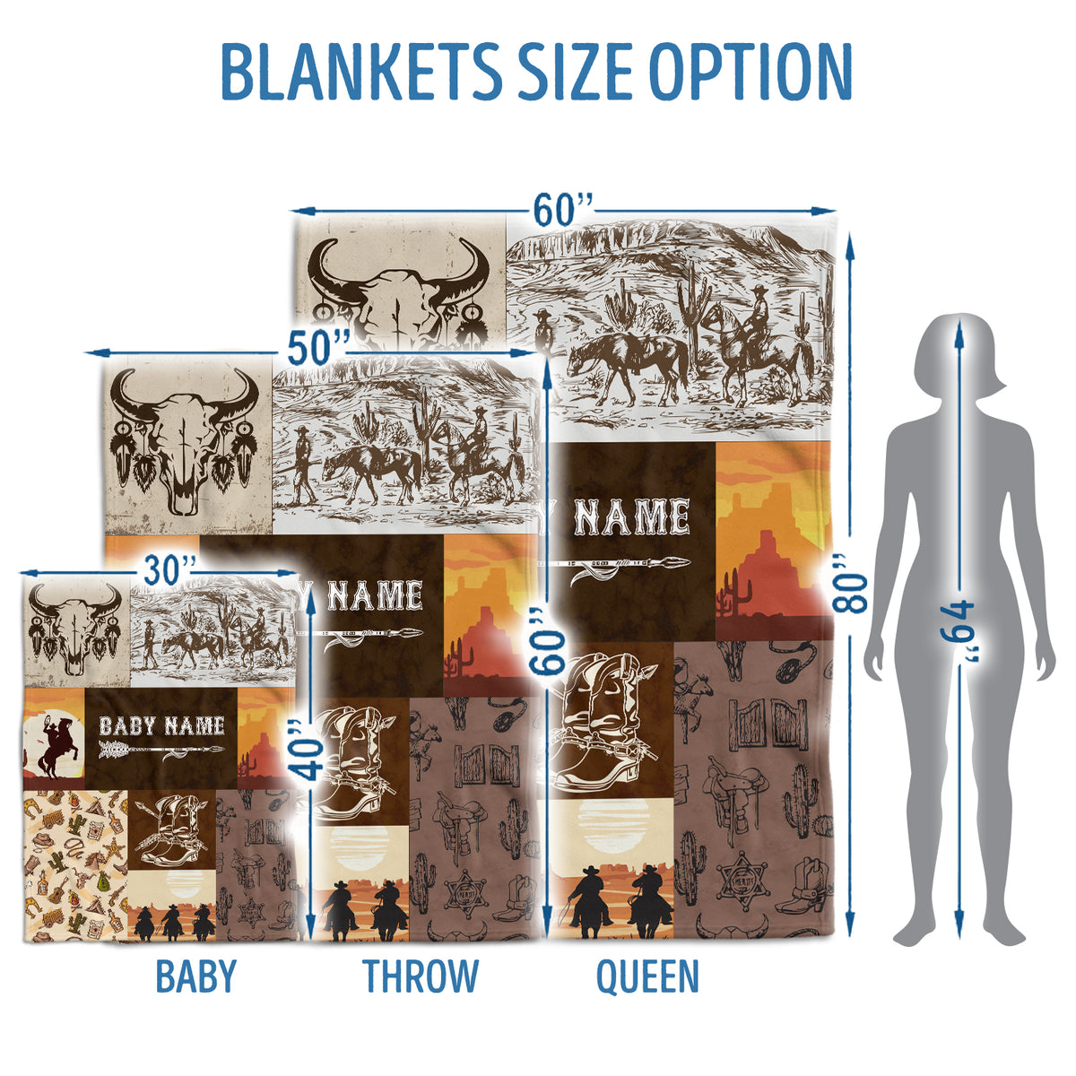 Personalized Western Baby Blankets for Boys, Brown Baby Western Blankets, Custom Name Fleece Blankets for Newborn Infant Son Daughter Toddlers Kids
