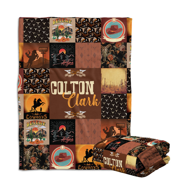 Personalized Western Baby Blankets for Boys - Brown Fleece Blankets with Custom Name, Cowboy Theme