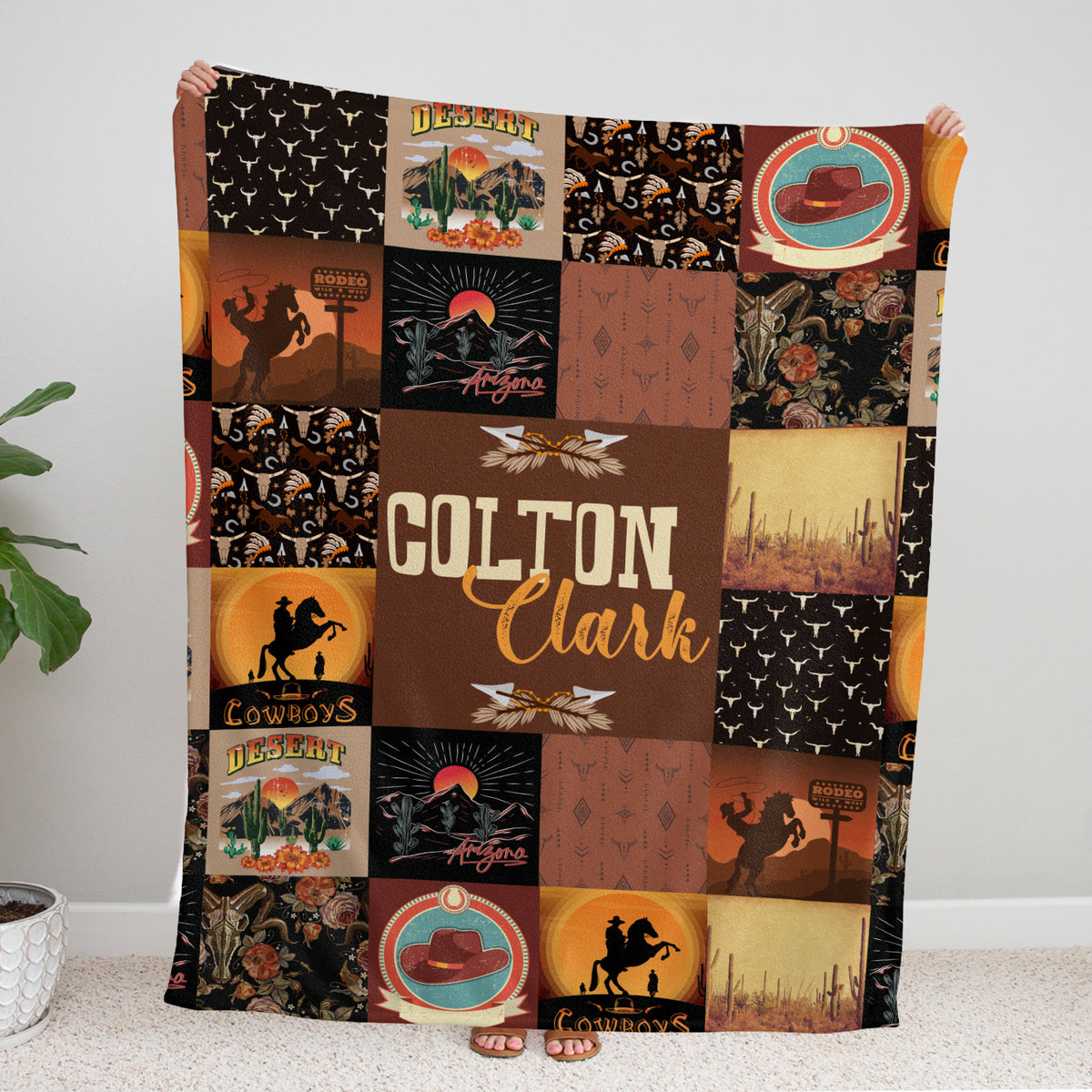 Personalized Western Baby Blankets for Boys - Brown Fleece Blankets with Custom Name, Cowboy Theme
