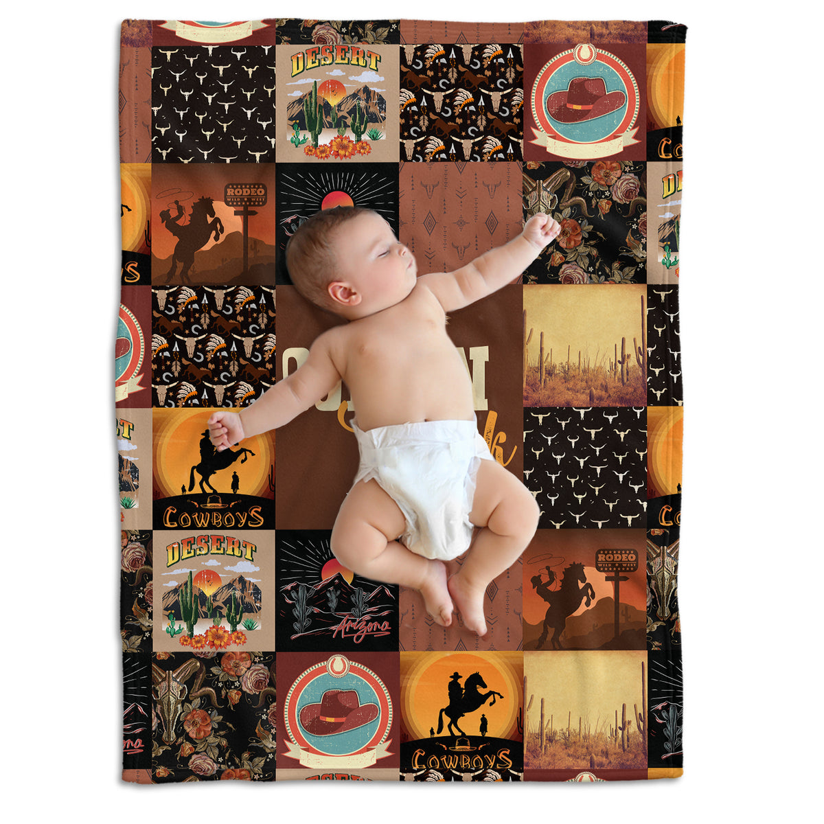Personalized Western Baby Blankets for Boys - Brown Fleece Blankets with Custom Name, Cowboy Theme
