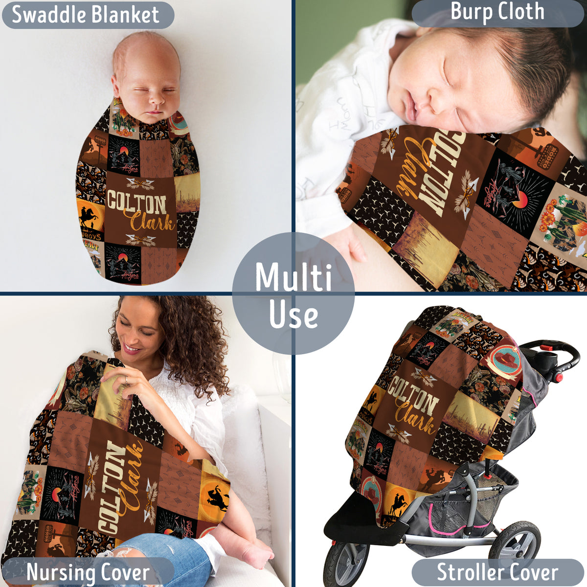 Personalized Western Baby Blankets for Boys - Brown Fleece Blankets with Custom Name, Cowboy Theme
