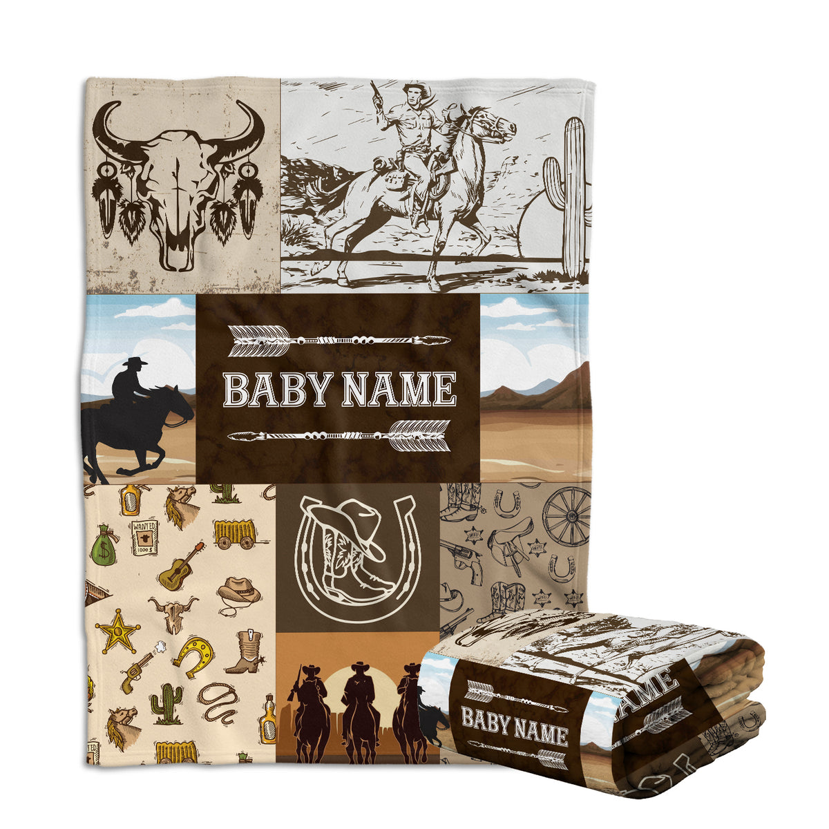 Personalized Western Baby Blankets for Boys, Cowboy Baby Blankets for Baby Boy, Custom Name Fleece Blankets for Newborn Infant Son Daughter Kids