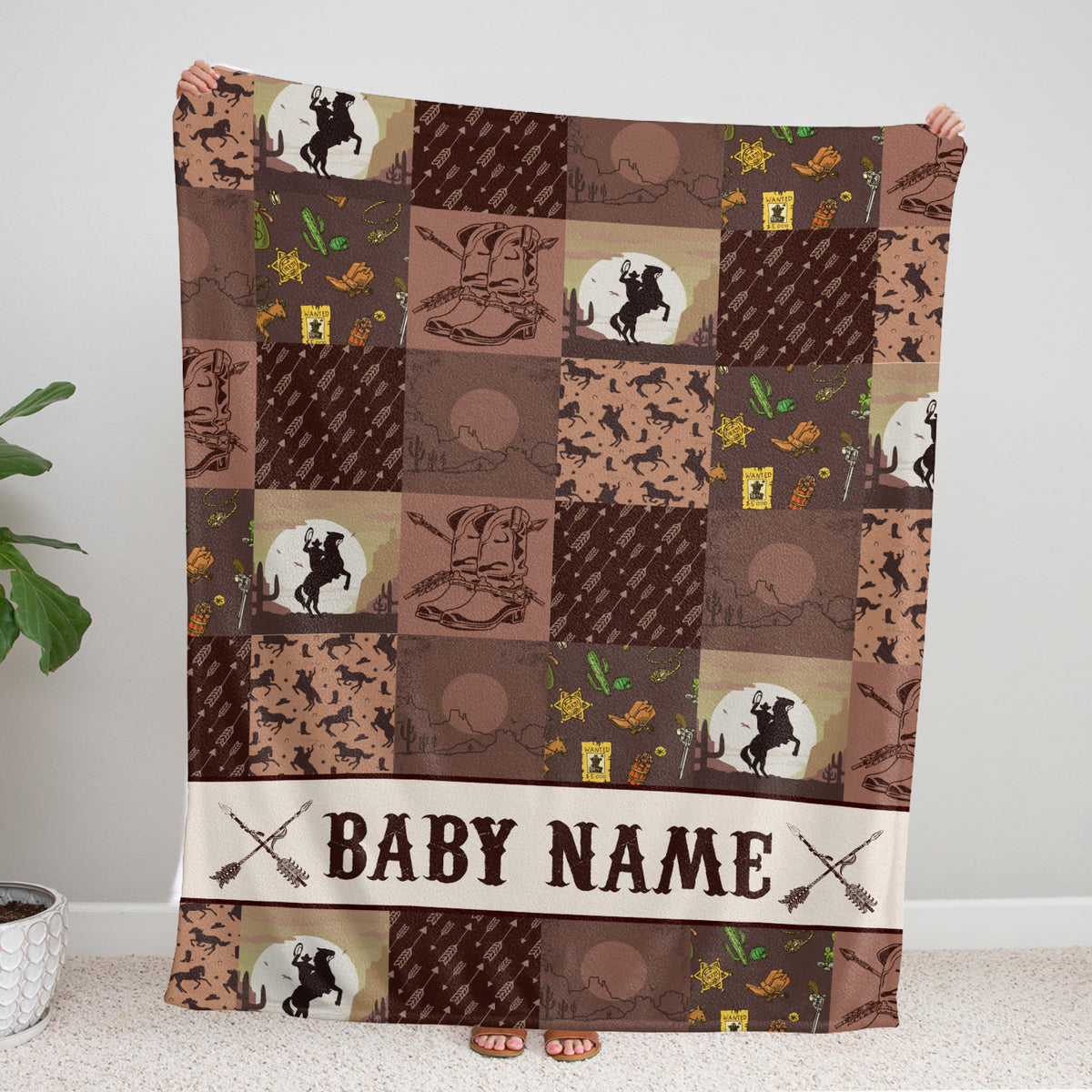 Personalized Western Blanket for Baby - Custom, Fleece, Brown Cowboy Blanket for Boys & Girls