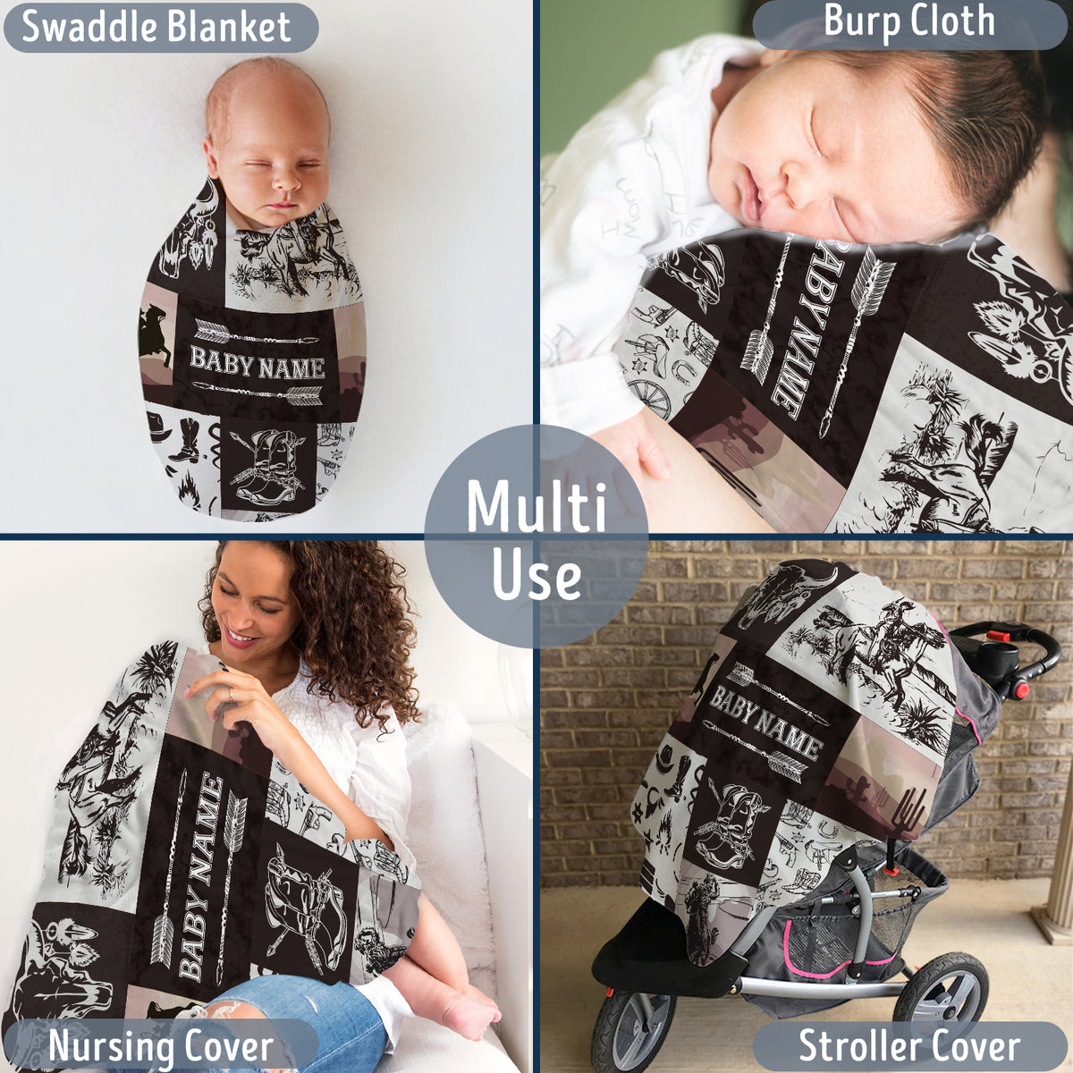 Personalized Western Cowboy Baby Blankets for Baby, Custom Baby Blankets Name Fleece Blankets for Newborn Infant Son Daughter Kids