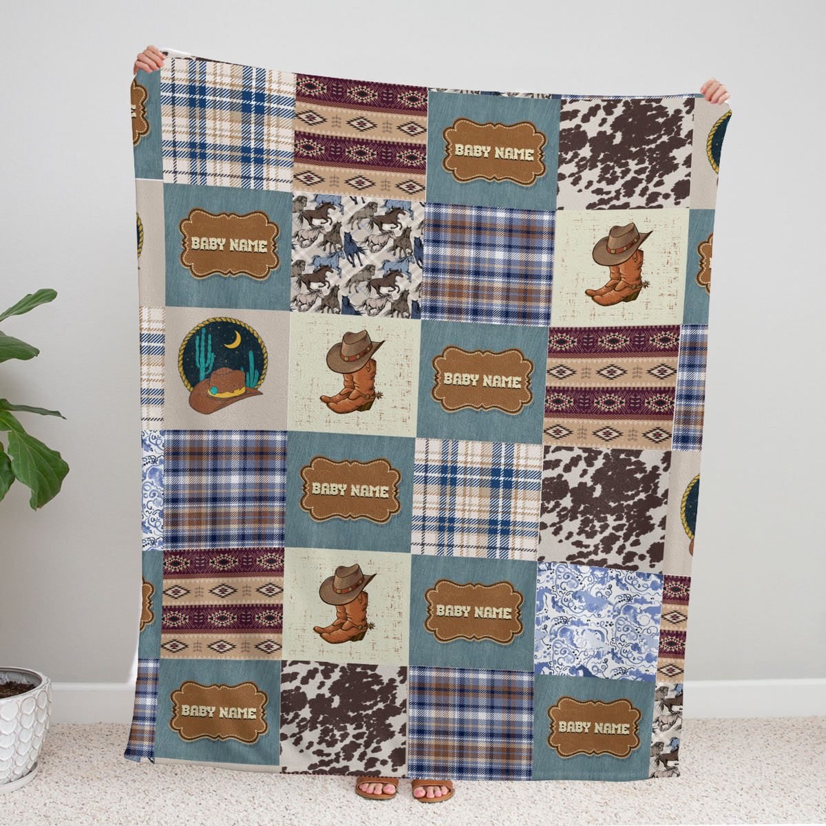 Personalized Western Plaid Blanket for Boys Girls, Baby Boy Stuff, CustomName Fleece Blanket for Infant Newborn Son Daughter