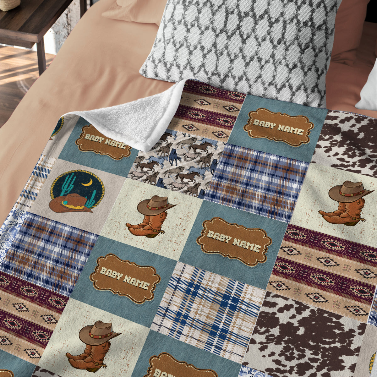 Personalized Western Plaid Blanket for Boys Girls, Baby Boy Stuff, CustomName Fleece Blanket for Infant Newborn Son Daughter