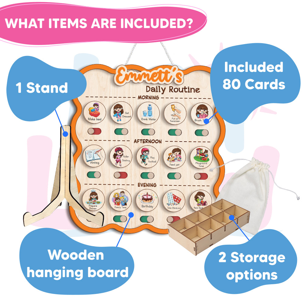 Personalized Wooden Chore Chart for Kids, Toddler Routine Board, Visual Schedule for Kids Age 3-5