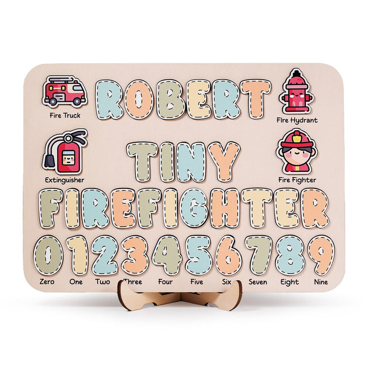 Personalized Wooden Name Puzzle Cute Baby Firefighter, Gifts for Kids, Wooden Toddler Toys