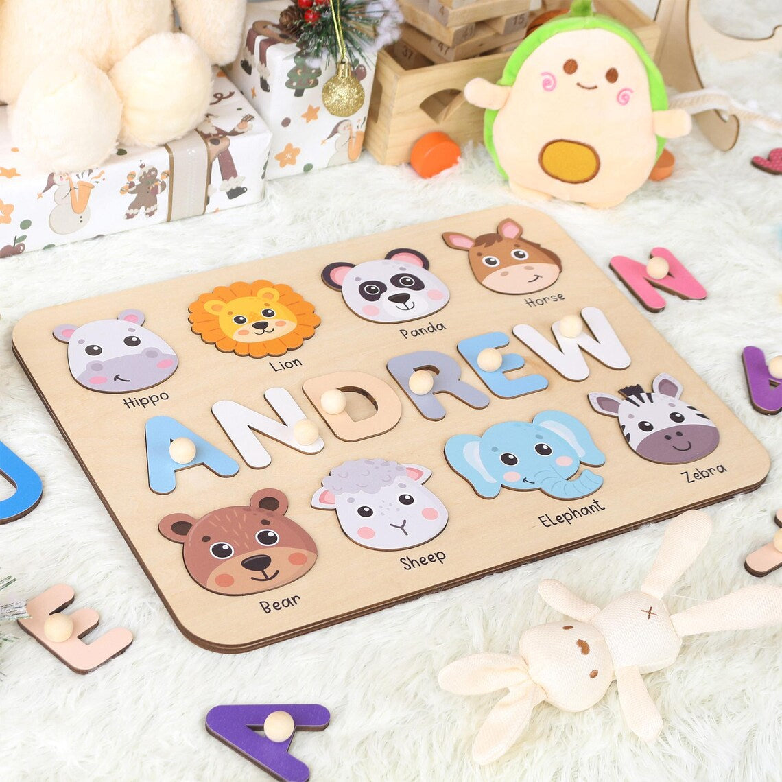 Personalized Wooden Name Puzzle with Animals for Kids, Baby Name Name Puzzle, First Birthday Gifts, Wooden Toys for Baby, Toddler Gift