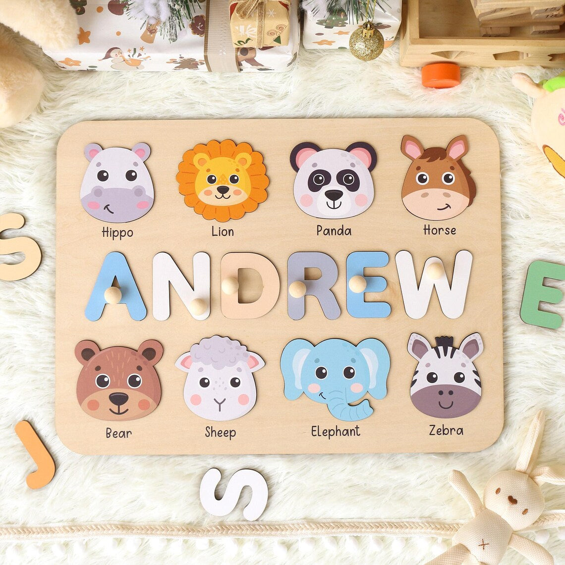 Personalized Wooden Name Puzzle with Animals for Kids, Baby Name Name Puzzle, First Birthday Gifts, Wooden Toys for Baby, Toddler Gift