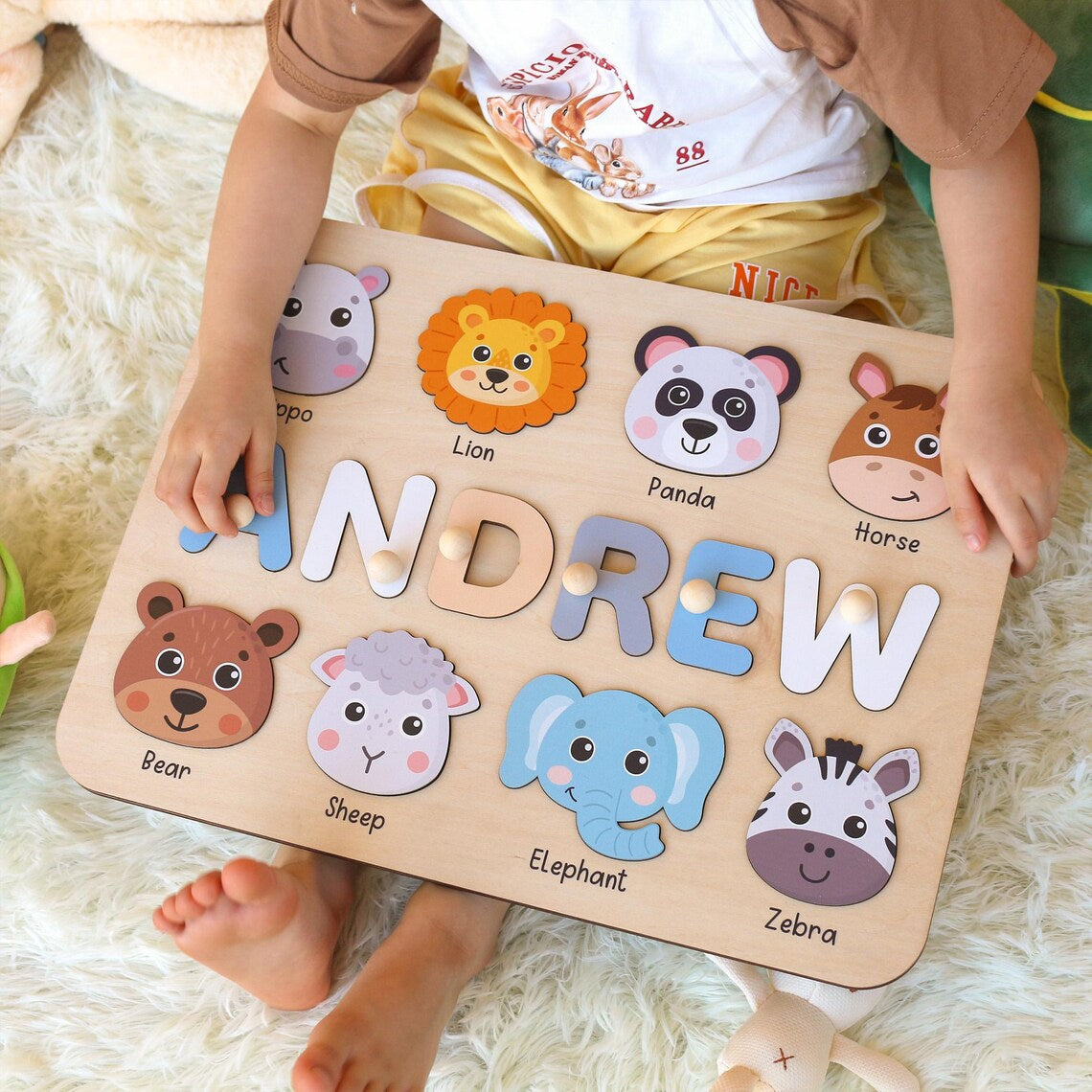 Personalized Wooden Name Puzzle with Animals for Kids, Baby Name Name Puzzle, First Birthday Gifts, Wooden Toys for Baby, Toddler Gift
