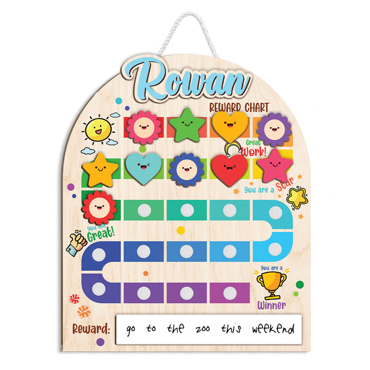Personalized Wooden Reward Chart for Kids – Custom Name Behavior Chart with Colorful Shapes and Tokens – Montessori Chore Chart for Toddlers and Preschoolers