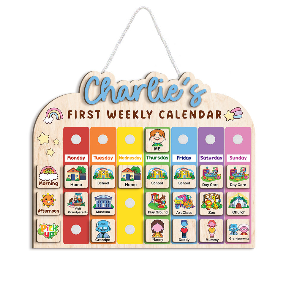 Personalized Wooden Weekly Calendar for Kids, Personalized First Weekly Calendar for Toddler, 12 x 15” First Visual Routine Schedule Board, Daily Routine for Toddler
