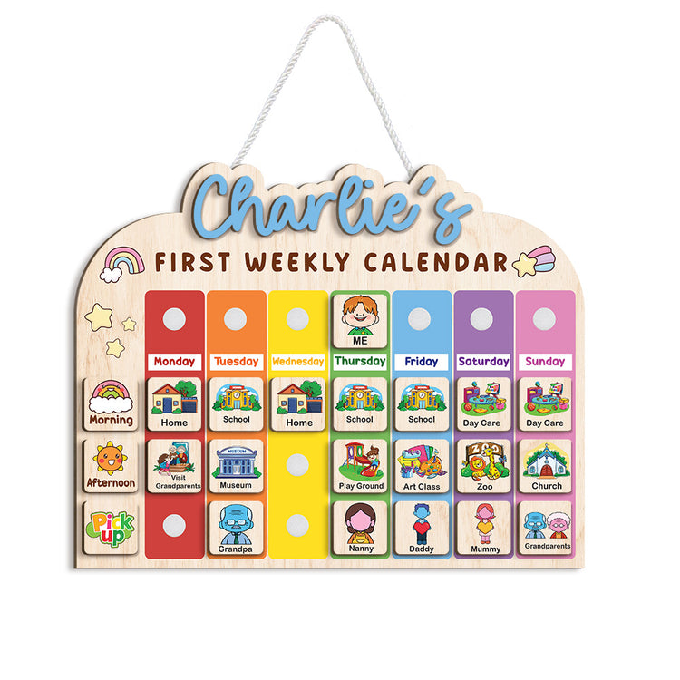 Personalized Wooden Weekly Calendar for Kids, Personalized First Weekly Calendar for Toddler, 12 x 15” First Visual Routine Schedule Board, Daily Routine for Toddler