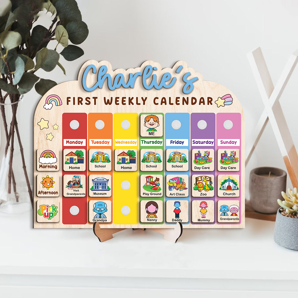 Personalized Wooden Weekly Calendar for Kids, Personalized First Weekly Calendar for Toddler, 12 x 15” First Visual Routine Schedule Board, Daily Routine for Toddler