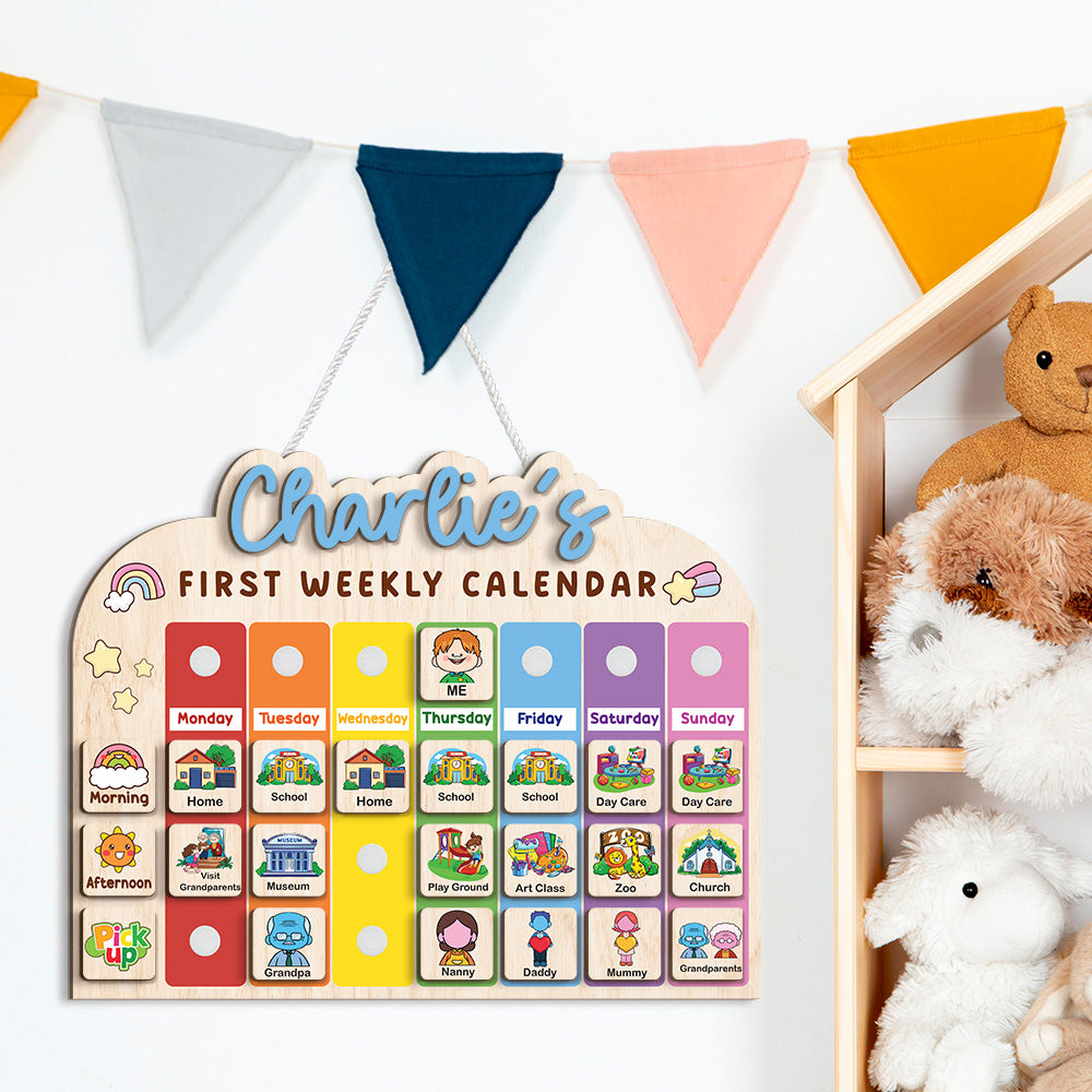 Personalized Wooden Weekly Calendar for Kids, Personalized First Weekly Calendar for Toddler, 12 x 15” First Visual Routine Schedule Board, Daily Routine for Toddler