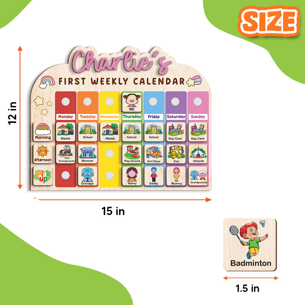Personalized Wooden Weekly Calendar for Kids, Personalized First Weekly Calendar for Toddler, 12 x 15” First Visual Routine Schedule Board, Daily Routine for Toddler