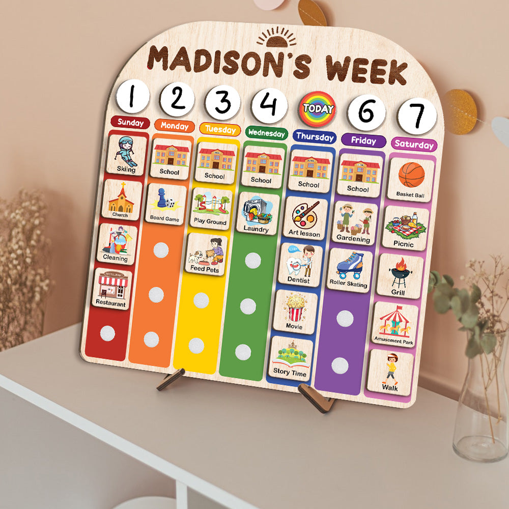 Personalized Wooden Weekly Schedule For Kids, Chore Chart For Kids With Custom Name, Gift For Kids