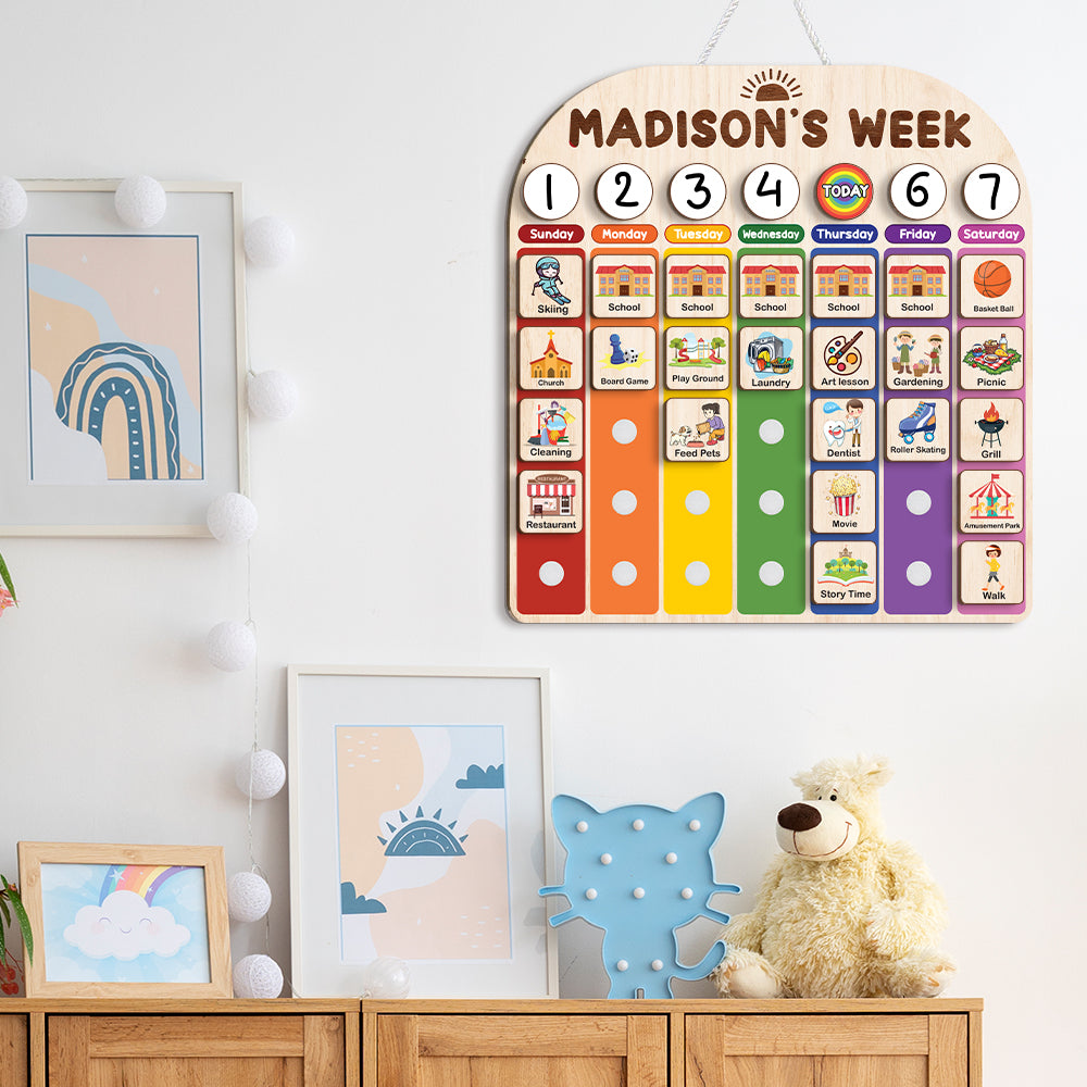 Personalized Wooden Weekly Schedule For Kids, Chore Chart For Kids With Custom Name, Gift For Kids