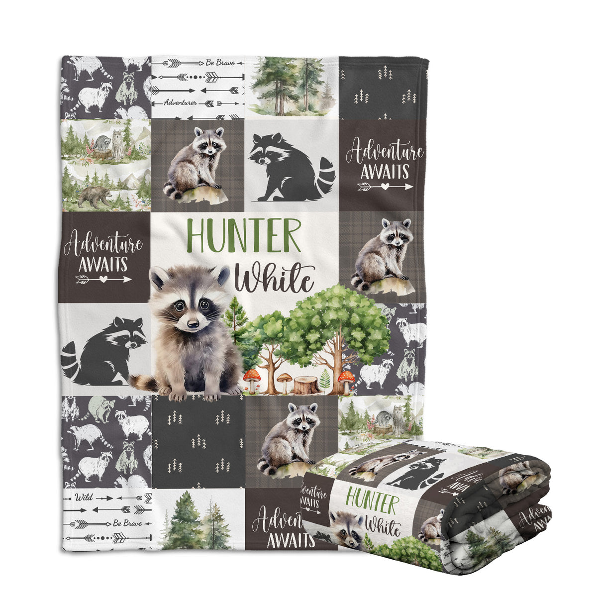 Personalized Woodland Baby Blanket for Boys Girls, Custom Name, Nursery Decor for Son Daughter (Raccoon)
