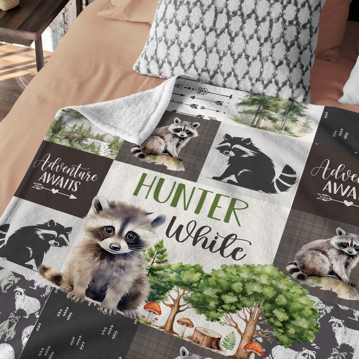 Personalized Woodland Baby Blanket for Boys Girls, Custom Name, Nursery Decor for Son Daughter (Raccoon)