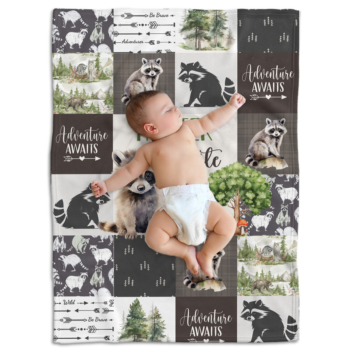 Personalized Woodland Baby Blanket for Boys Girls, Custom Name, Nursery Decor for Son Daughter (Raccoon)
