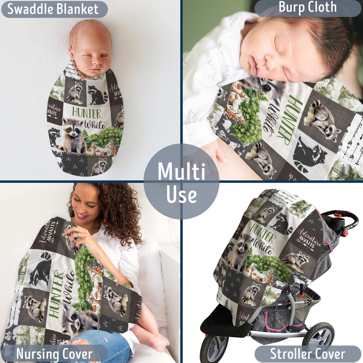 Personalized Woodland Baby Blanket for Boys Girls, Custom Name, Nursery Decor for Son Daughter (Raccoon)