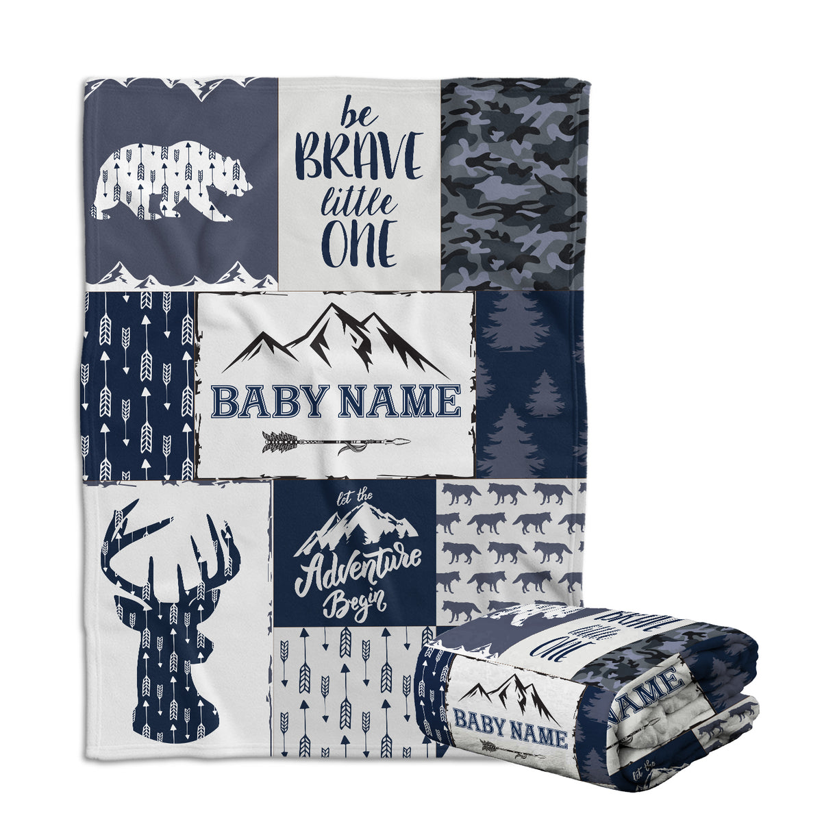 Personalized Woodland Baby Blankets, Blue Deer Bear Wolf Swaddle Blanket, 3 Sizes Plush Blankets for Son Baby Boys, Girls