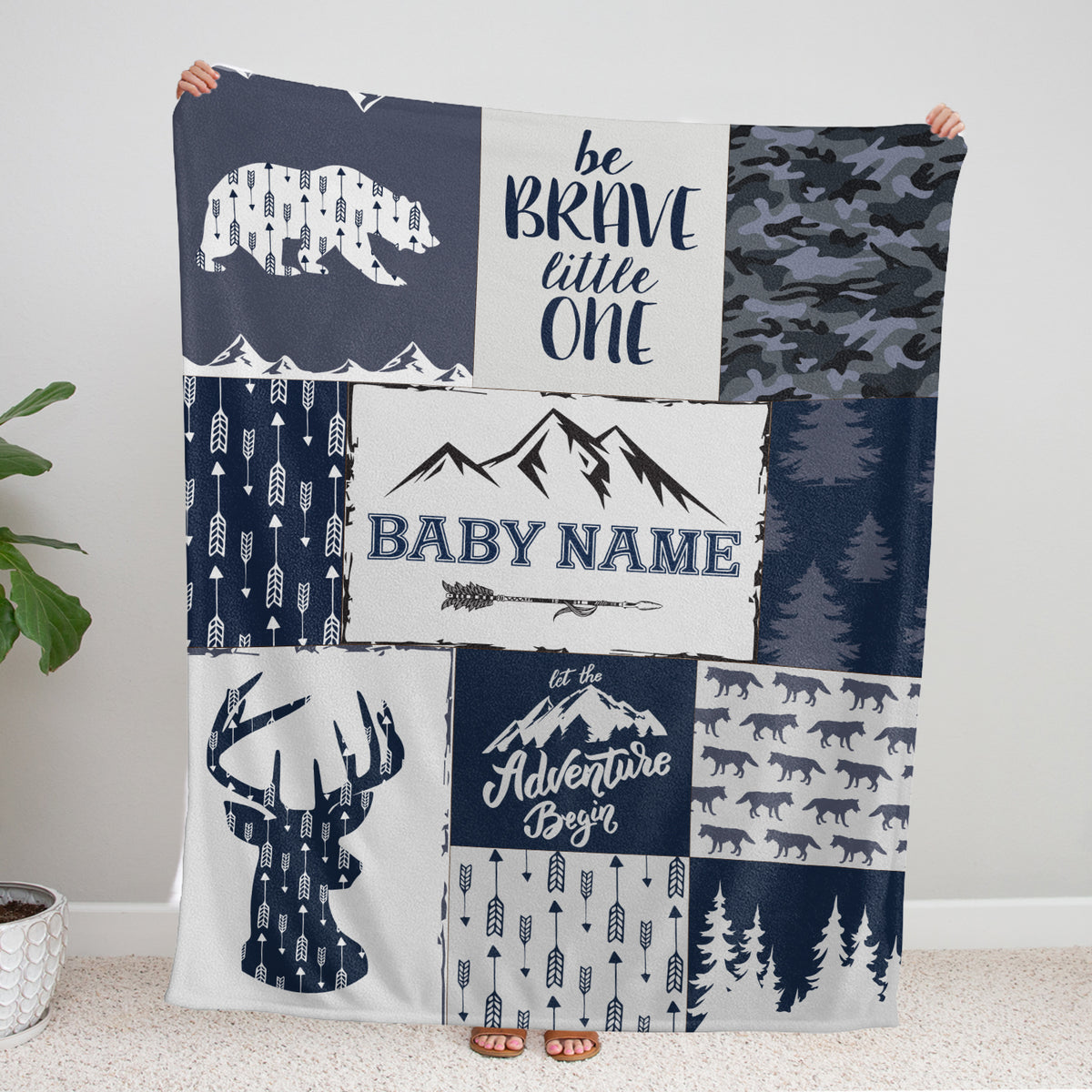 Personalized Woodland Baby Blankets, Blue Deer Bear Wolf Swaddle Blanket, 3 Sizes Plush Blankets for Son Baby Boys, Girls