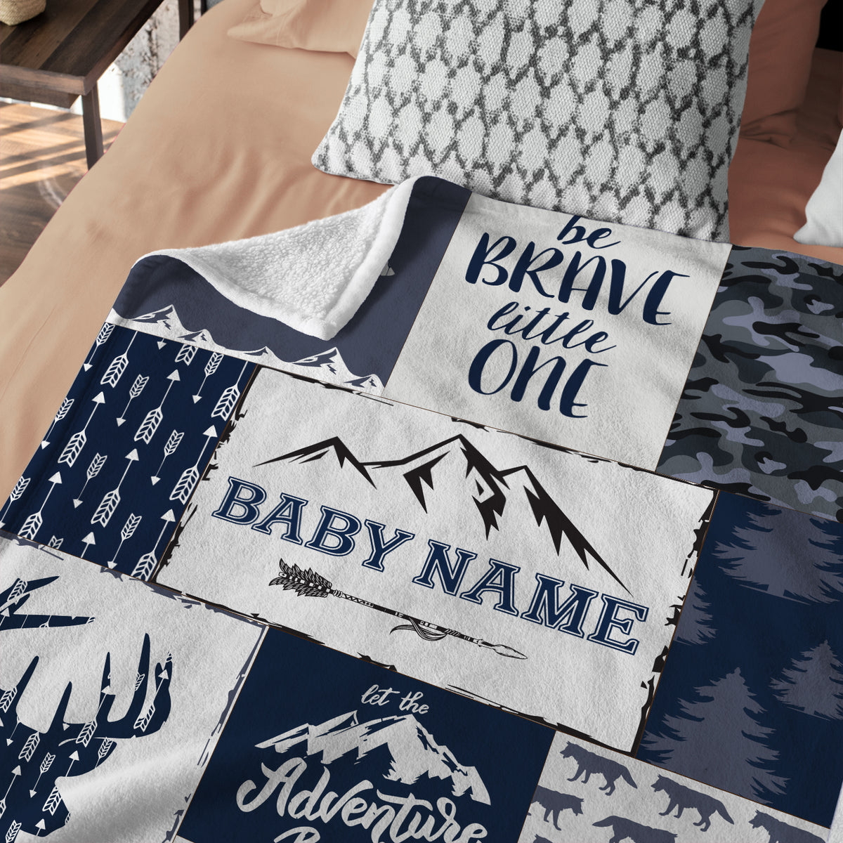 Personalized Woodland Baby Blankets, Blue Deer Bear Wolf Swaddle Blanket, 3 Sizes Plush Blankets for Son Baby Boys, Girls