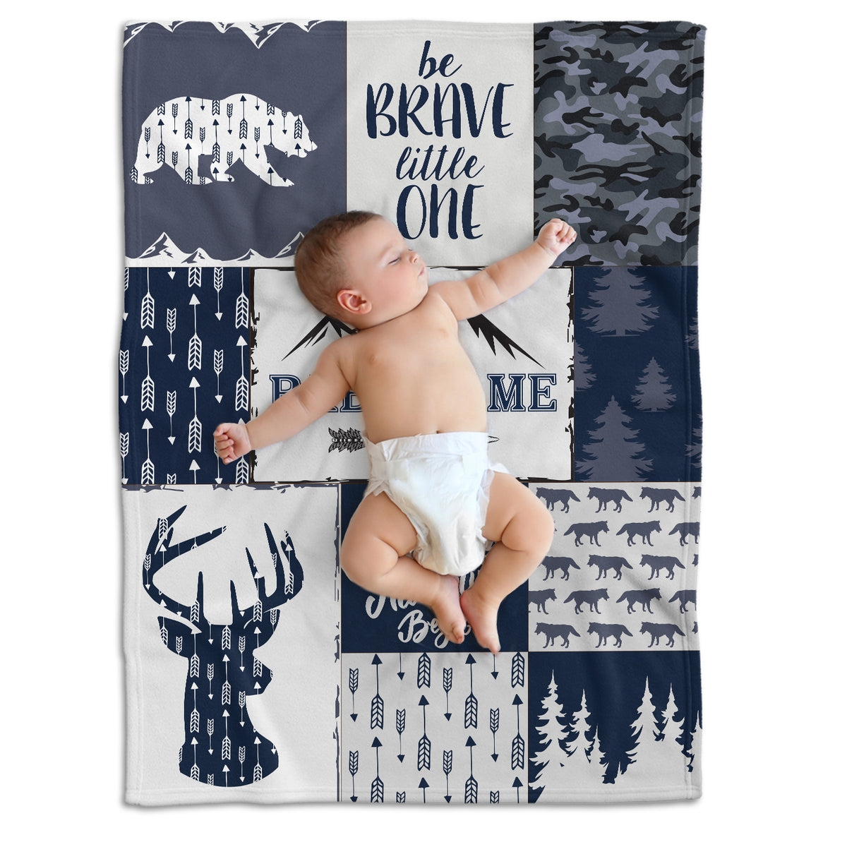 Personalized Woodland Baby Blankets, Blue Deer Bear Wolf Swaddle Blanket, 3 Sizes Plush Blankets for Son Baby Boys, Girls