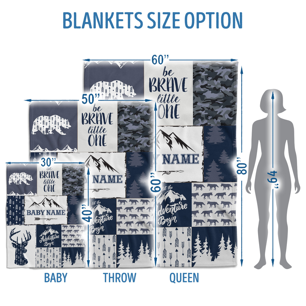Personalized Woodland Baby Blankets, Blue Deer Bear Wolf Swaddle Blanket, 3 Sizes Plush Blankets for Son Baby Boys, Girls