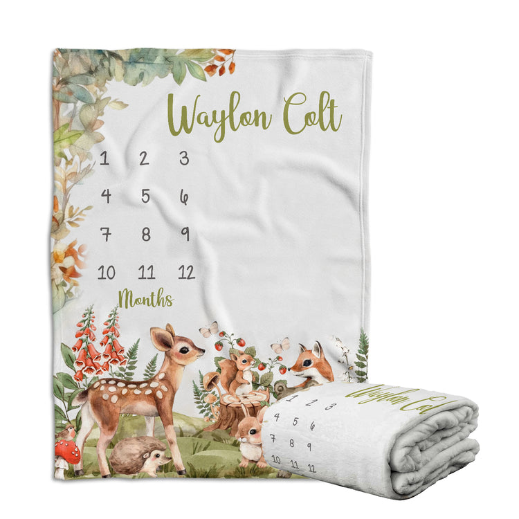 Personalized Woodland Baby Milestone Blanket with Name, Custom Monthly Milestone Blanket, Newborn Growth Chart