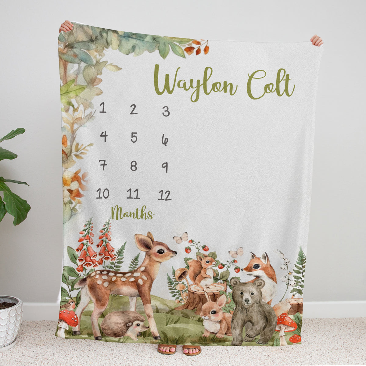 Personalized Woodland Baby Milestone Blanket with Name, Custom Monthly Milestone Blanket, Newborn Growth Chart