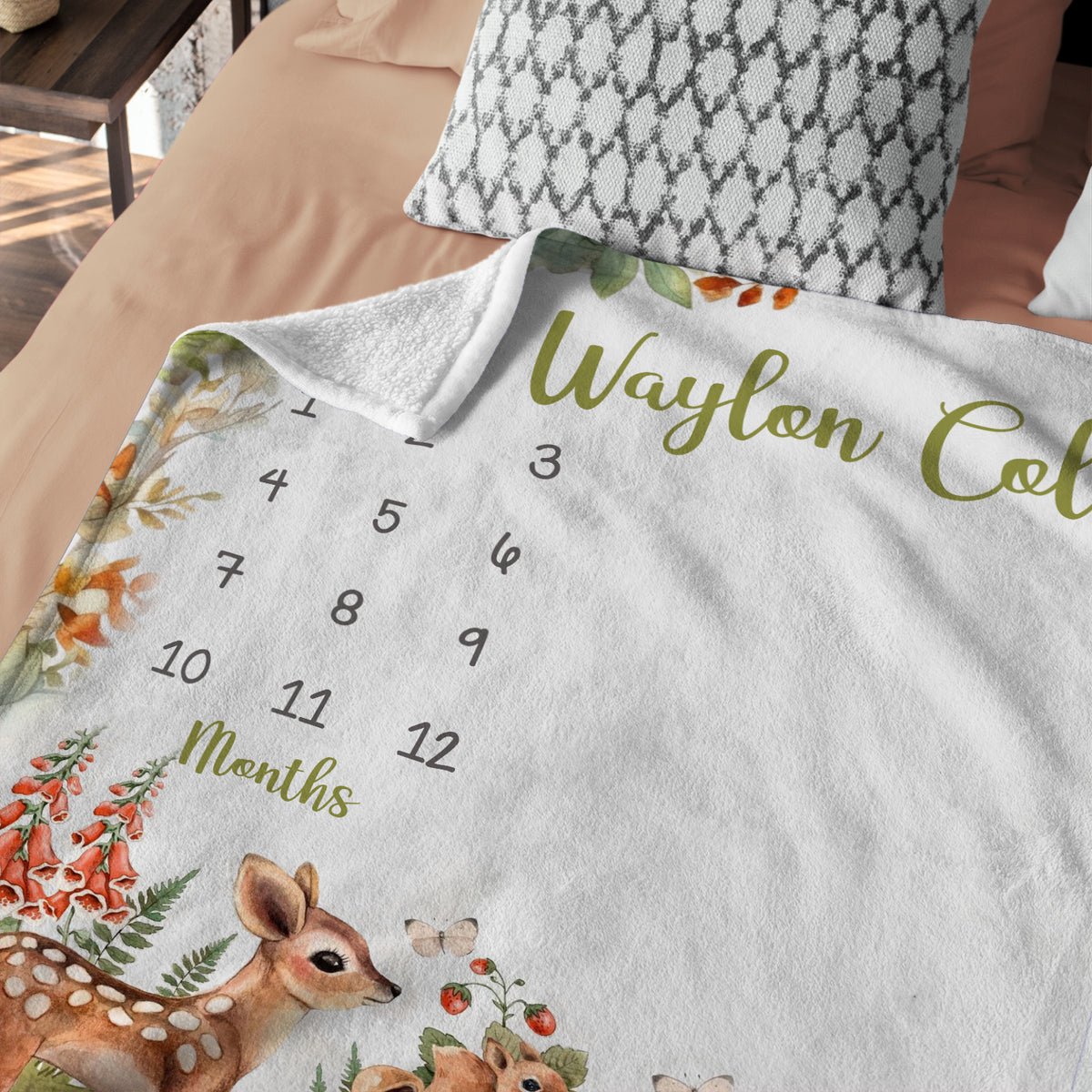 Personalized Woodland Baby Milestone Blanket with Name, Custom Monthly Milestone Blanket, Newborn Growth Chart