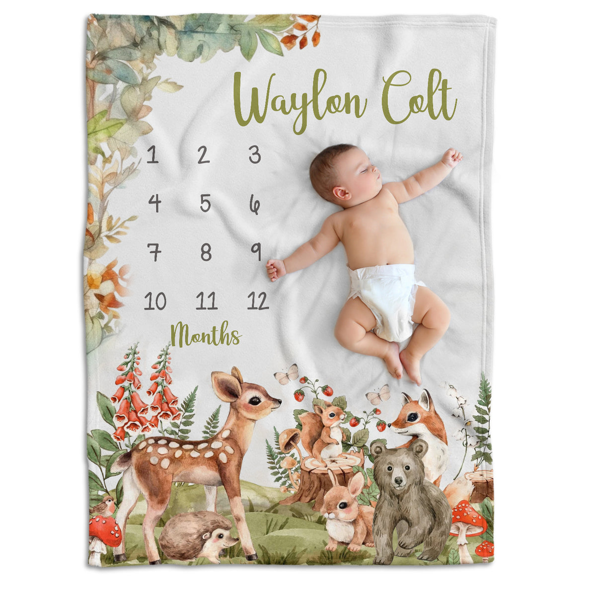 Personalized Woodland Baby Milestone Blanket with Name, Custom Monthly Milestone Blanket, Newborn Growth Chart