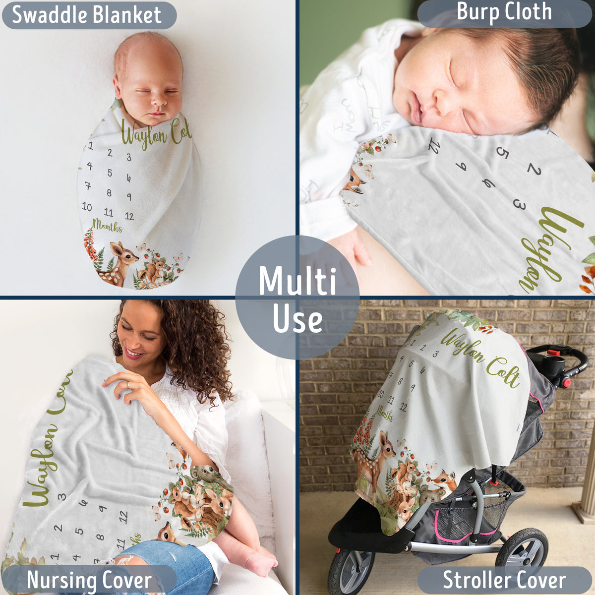 Personalized Woodland Baby Milestone Blanket with Name, Custom Monthly Milestone Blanket, Newborn Growth Chart