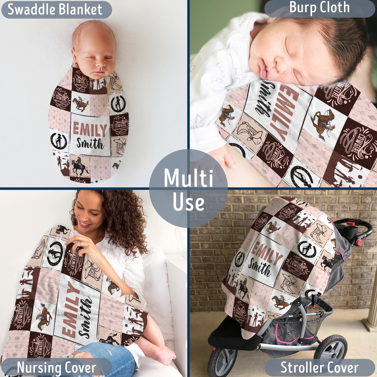 Personalized western blankets for baby girl - Custom cowboy & swaddle size options - Includes your daughter's name